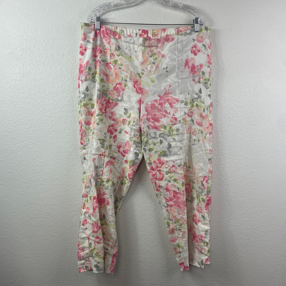 J. Jill Linen Stretch Floral Tapered Pants Pink Green Watercolor Womens Large